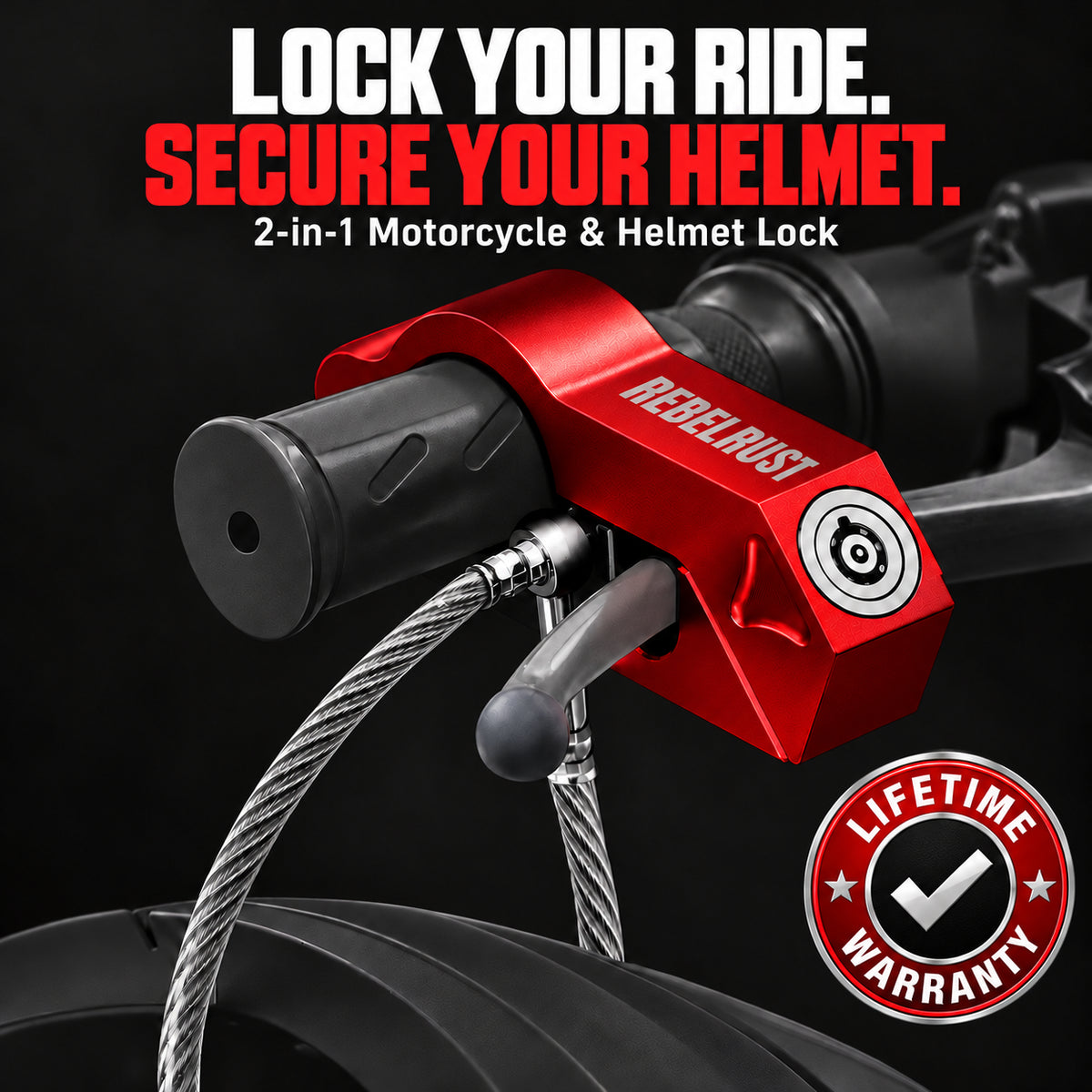 RebelRust LockForge 2-in-1 motorcycle grip lock and helmet lock in red on a motorcycle handlebar
