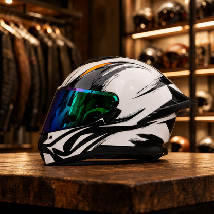 REBELRUST Pro Big Tail Full Face Helmet - White Wolf Iridescent Lens colorway