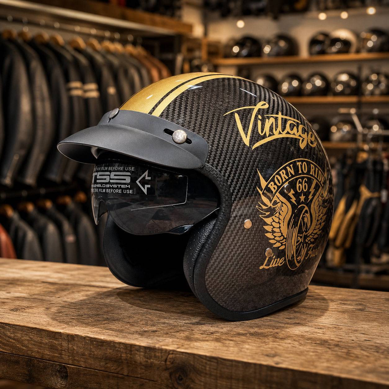 REBELRUST Carbon Fiber Retro Motorcycle Helmets - front view
