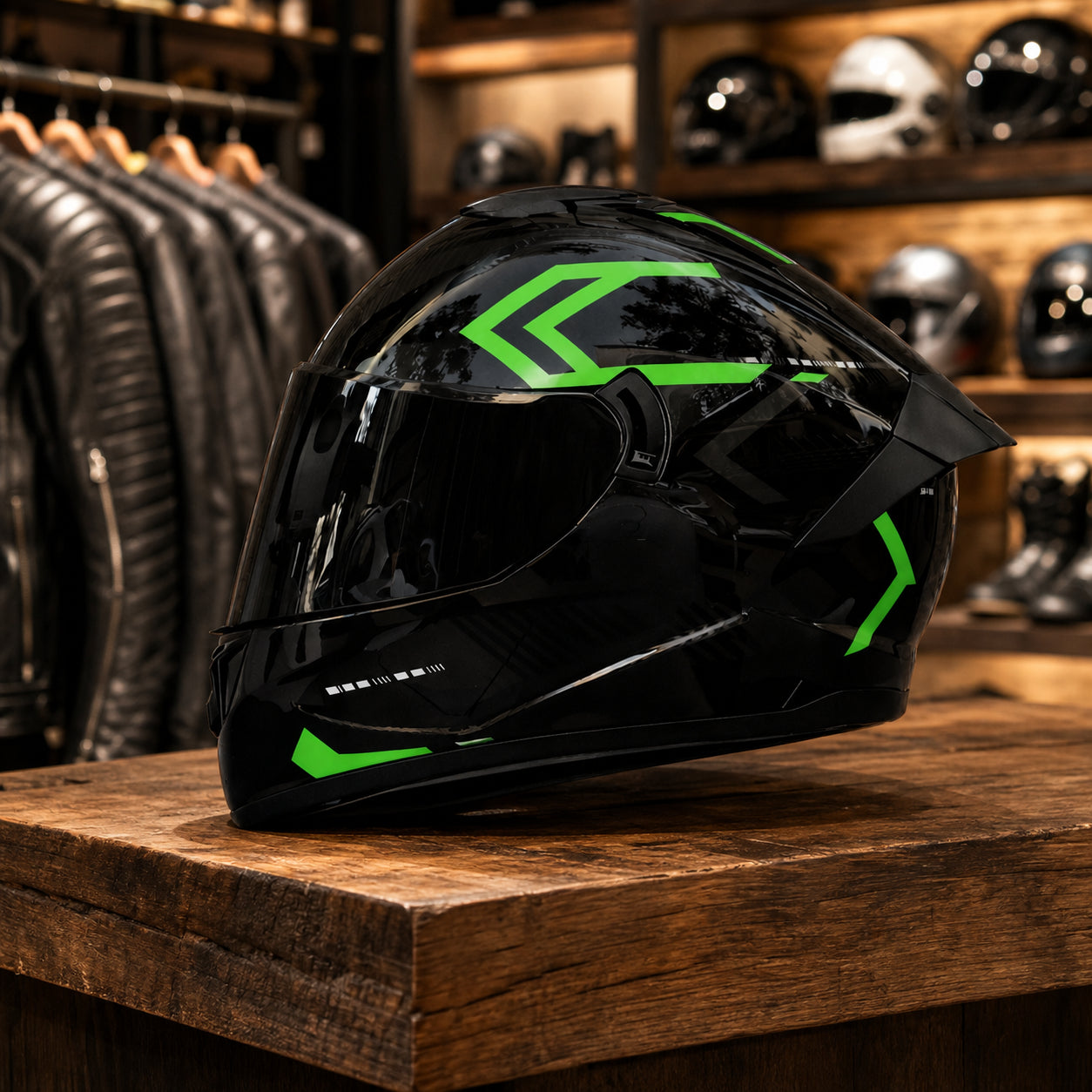 REBELRUST Phantom Overdrive Motorcycle Full Face Helmet - Glossy Black/Green Graphic, Black Lens
