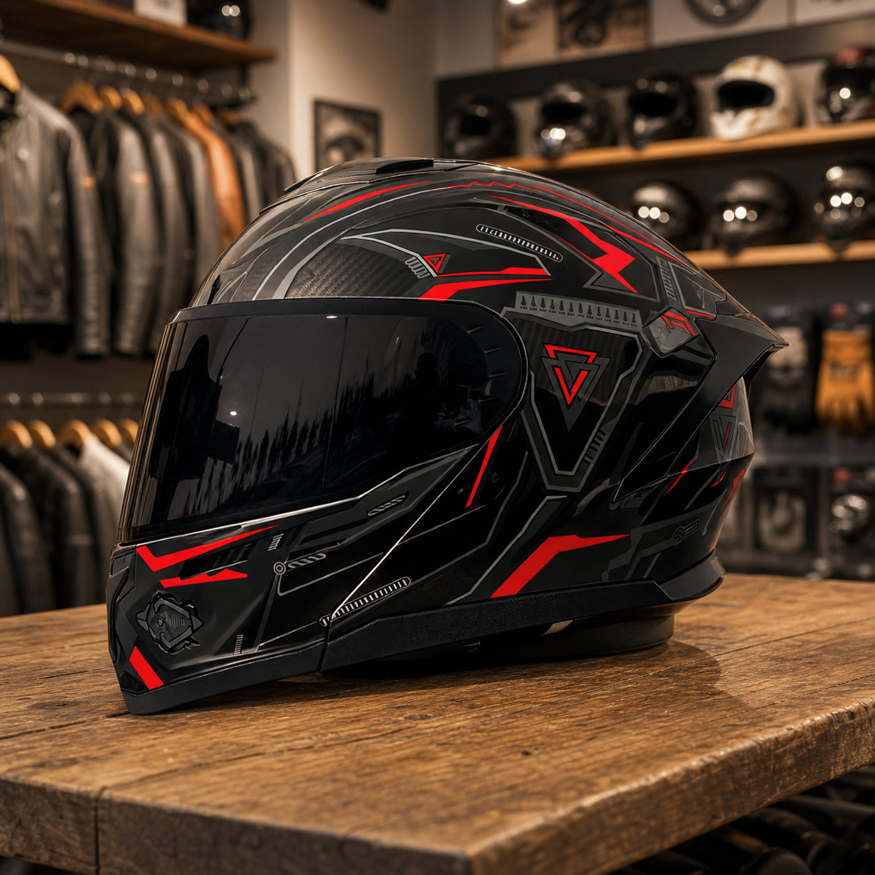 REBELRUST Shadow Pro Motorcycle Full Face Helmet - Dark Knight Black Red, Black Lens