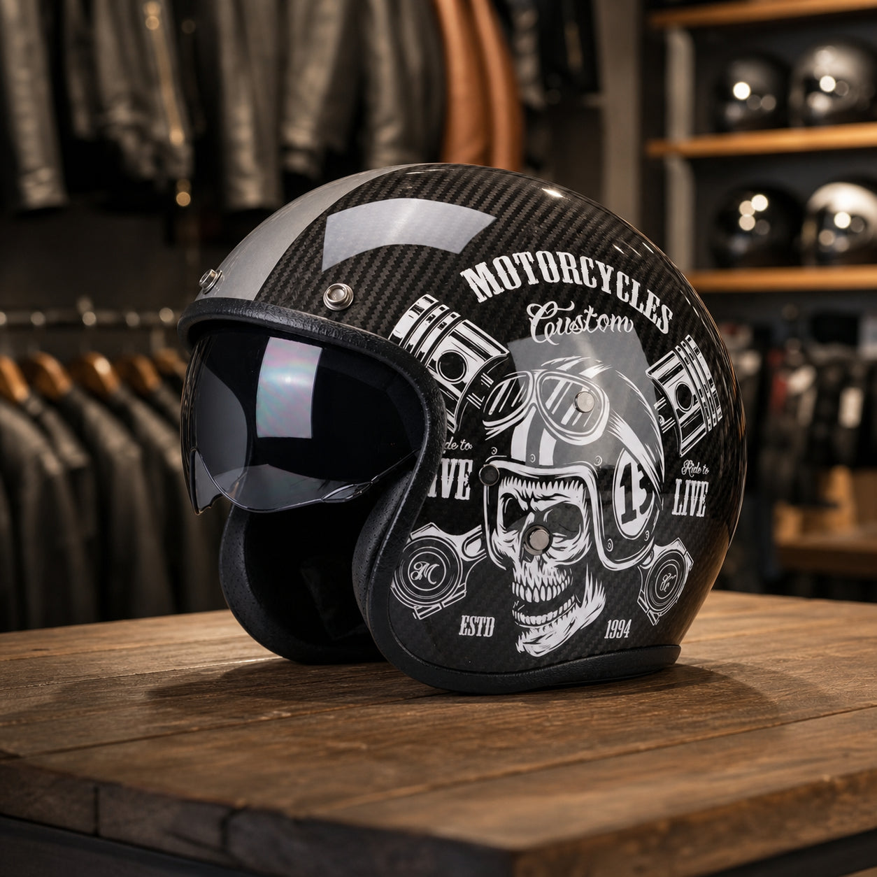 REBELRUST Carbon Fiber Retro Motorcycle Helmets - Skull Flower