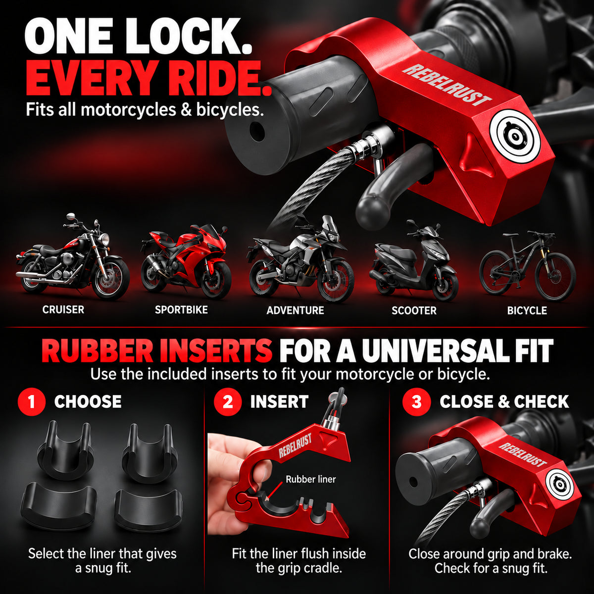 Universal motorcycle grip lock with rubber inserts for cruiser, sportbike, adventure, scooter and bicycle