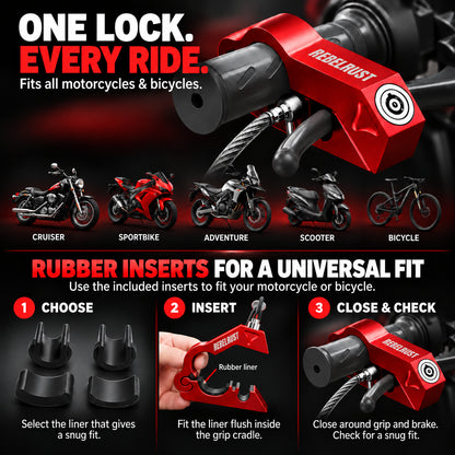 Universal motorcycle grip lock with rubber inserts for cruiser, sportbike, adventure, scooter and bicycle