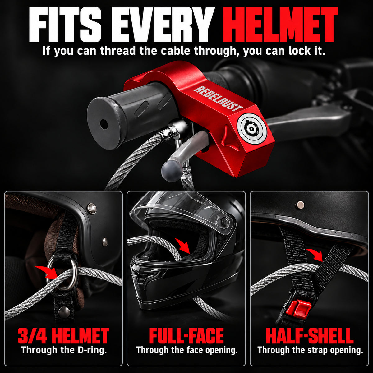 Helmet lock cable fits 3/4, full-face and half-shell motorcycle helmets