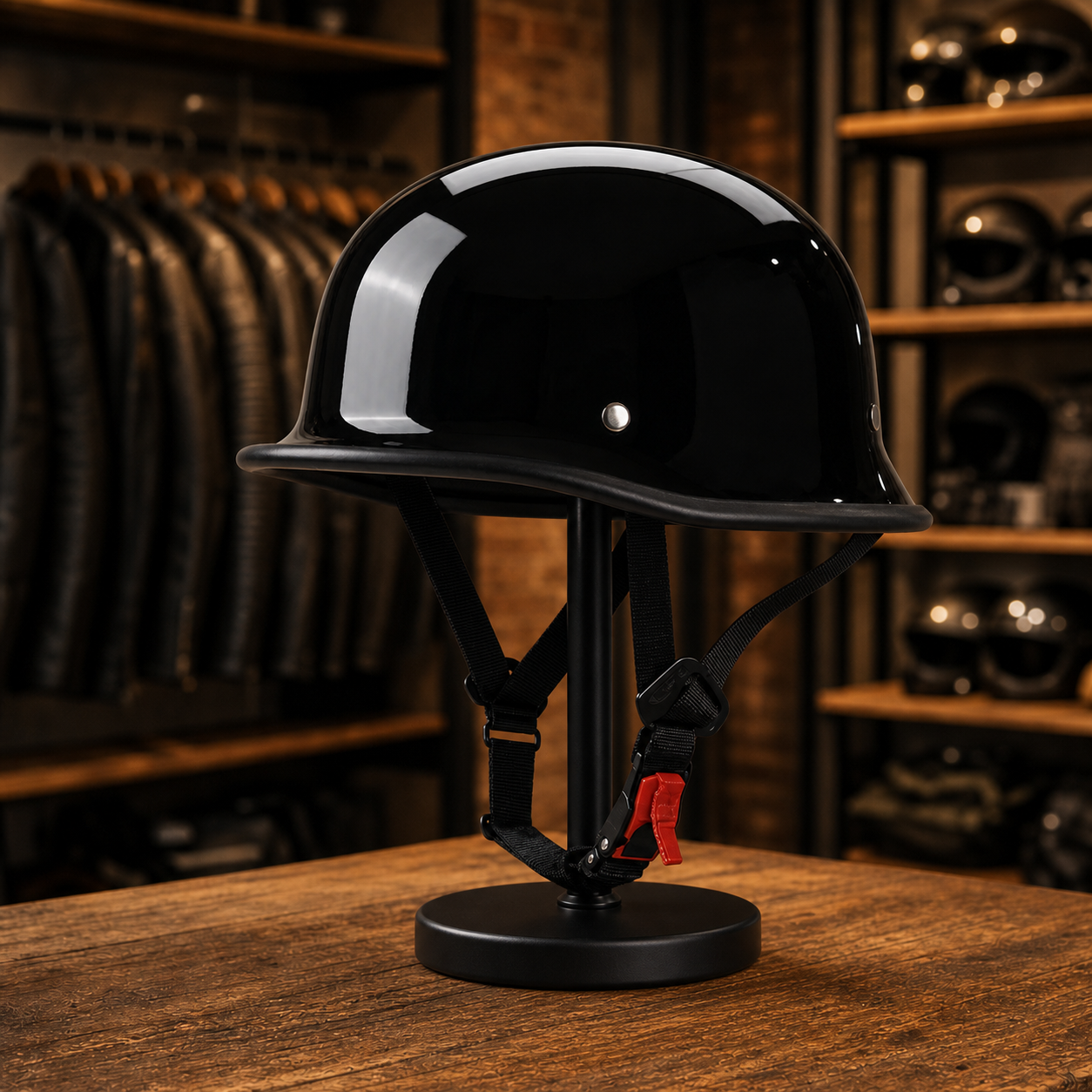 REBELRUST - Retro Motorcycle Soldier Helmet - Bright Black