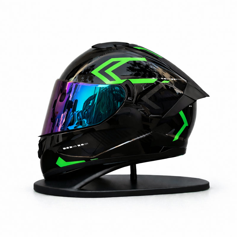 REBELRUST Phantom Overdrive Motorcycle Full Face Helmet - Glossy Black/Green Graphic, Blue Purple Iridium Lens