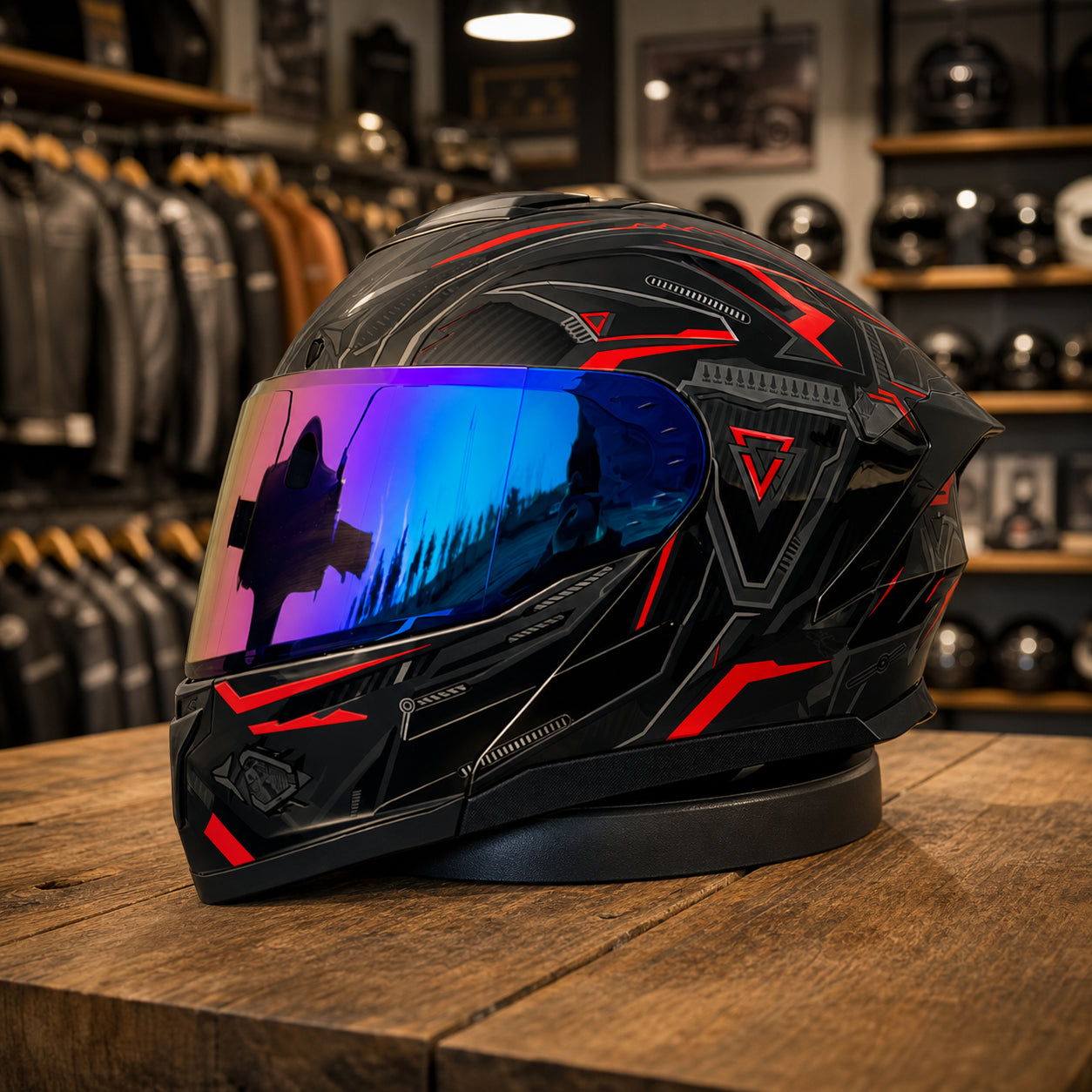 REBELRUST Shadow Pro Motorcycle Full Face Helmet - Dark Knight Black Red, Blue Iridium Lens