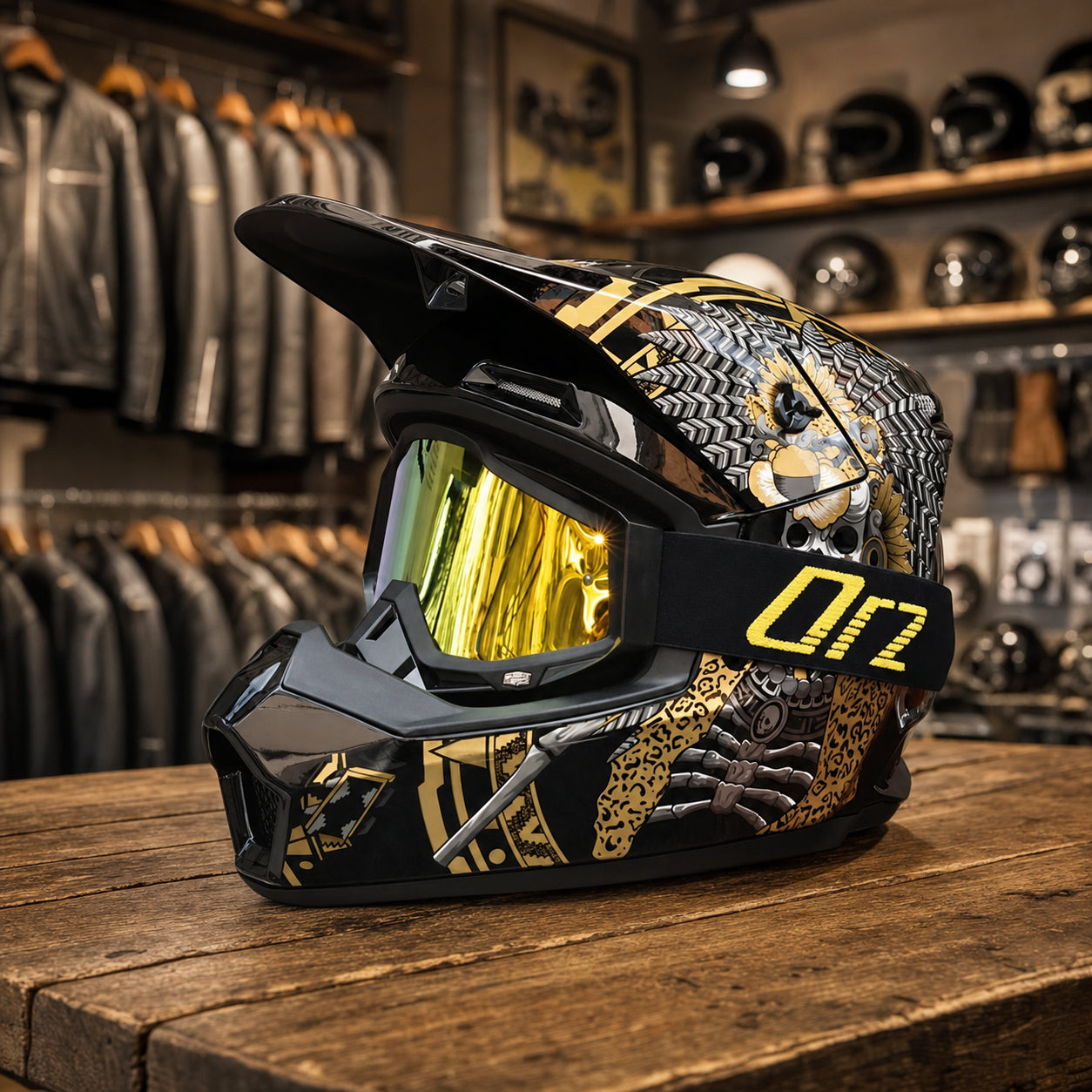 REBELRUST Full Face Off-Road Motocross Helmet - Luxury Black Gold, Gold Lens