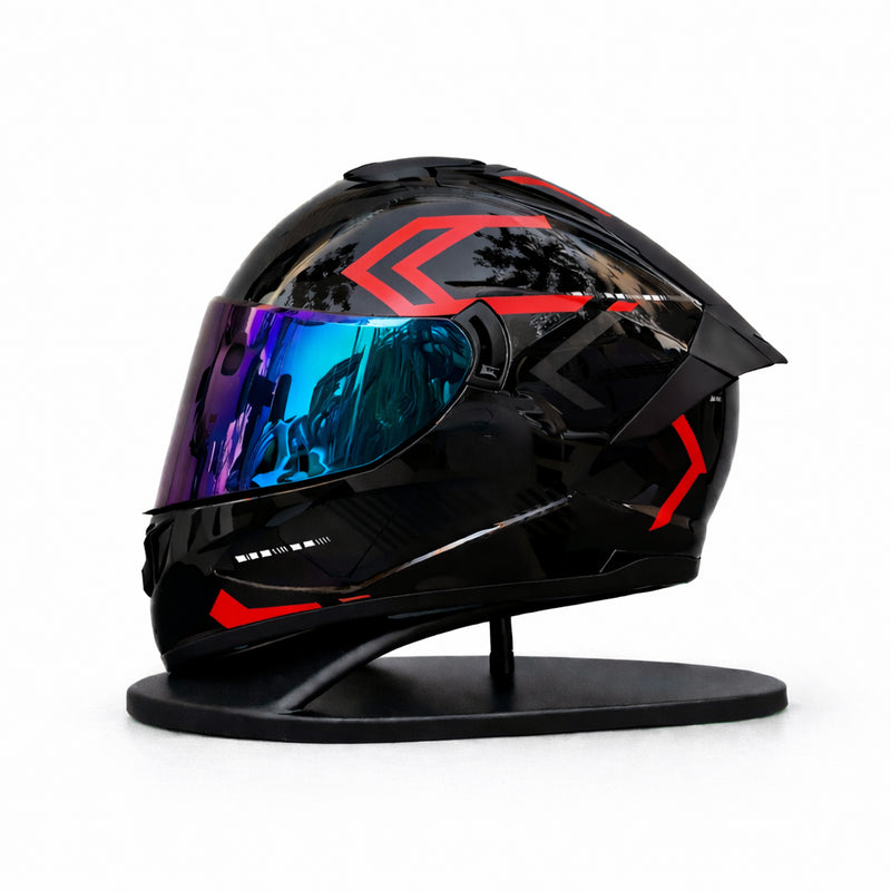 REBELRUST Phantom Overdrive Motorcycle Full Face Helmet - Glossy Black/Red Graphic, Blue Purple Iridium Lens