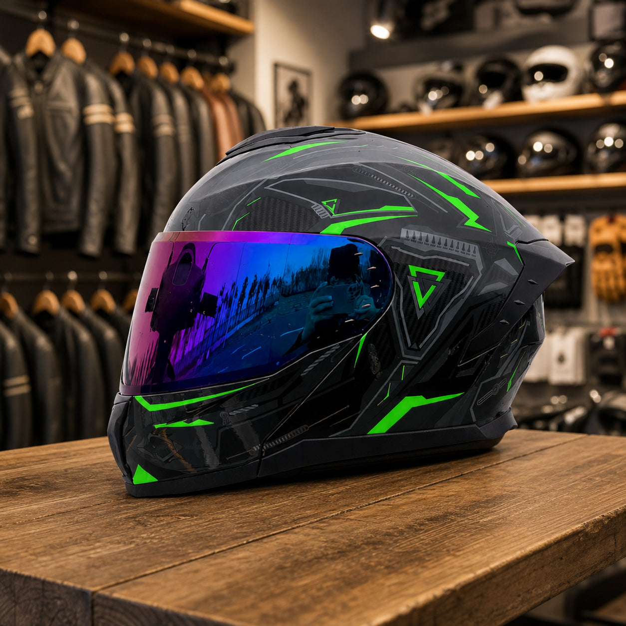REBELRUST Shadow Pro Motorcycle Full Face Helmet - Dark Knight Black Green, Blue Iridium Lens