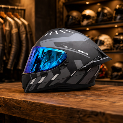 REBELRUST Pro Big Tail Full Face Helmet - Grey Storm Iridescent Lens colorway