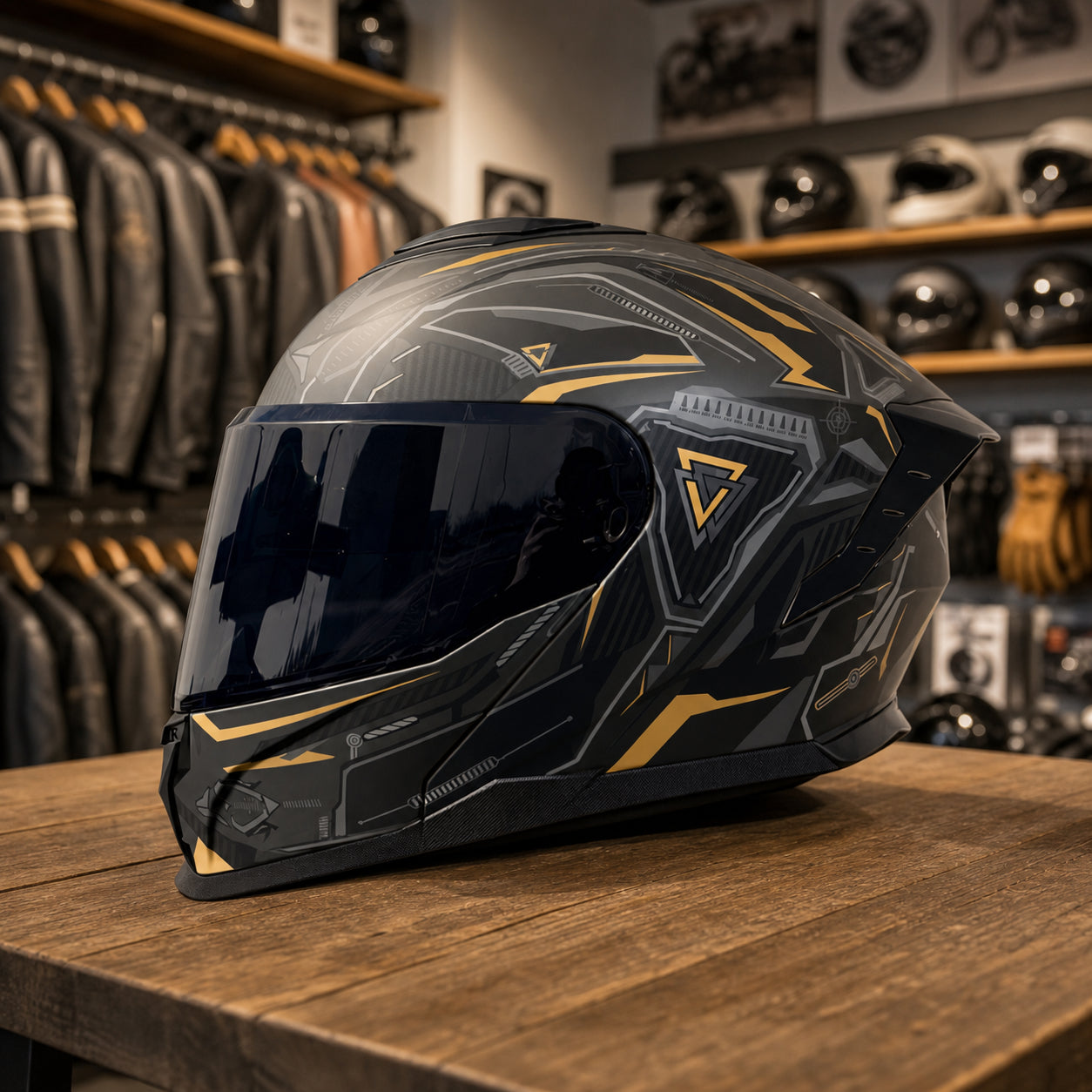 REBELRUST Shadow Pro Motorcycle Full Face Helmet - Dark Knight Black Gold, Black Lens
