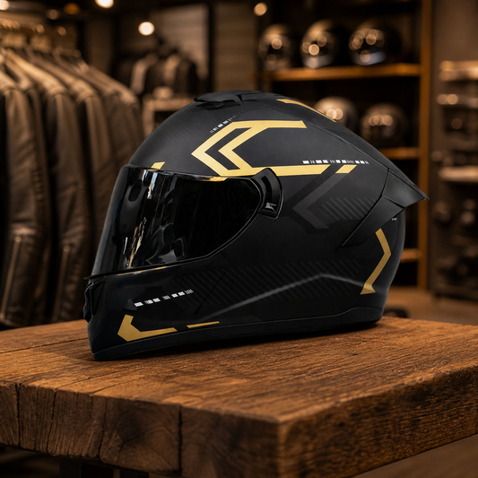 REBELRUST Phantom Overdrive Motorcycle Full Face Helmet - Matte Black/Gold Graphic, Black Lens