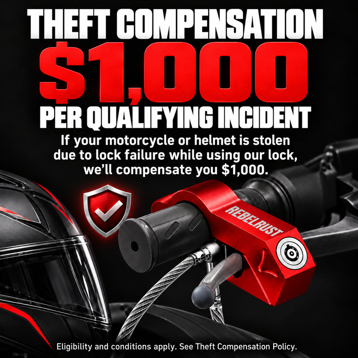 Motorcycle anti-theft lock with helmet cable - theft compensation program