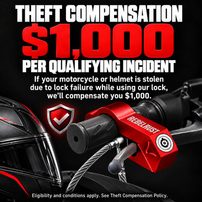 Motorcycle anti-theft lock with helmet cable - theft compensation program