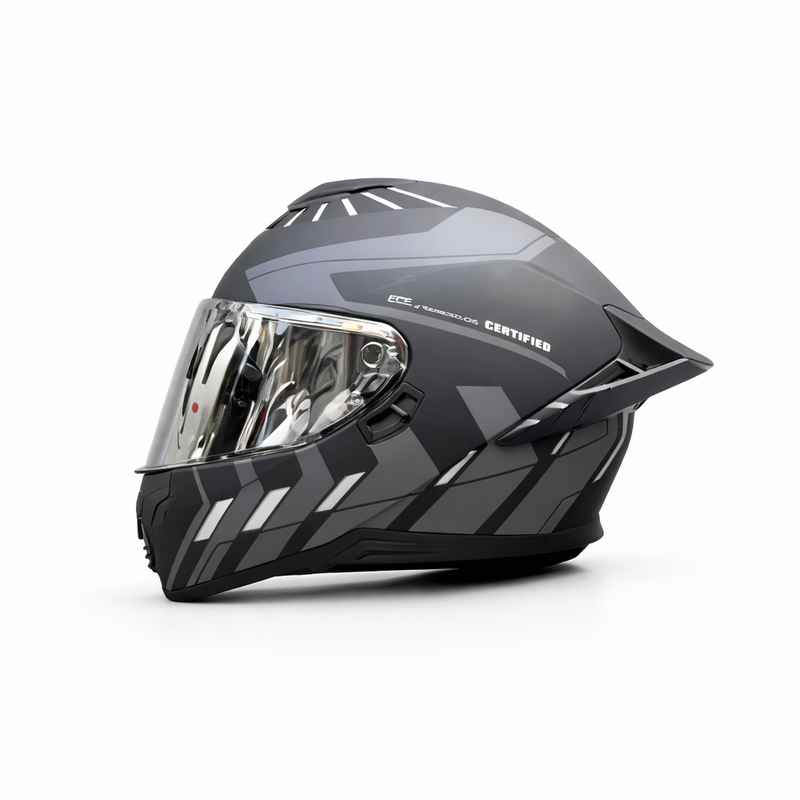 REBELRUST Pro Big Tail Full Face Helmet - Grey Storm Silver Lens colorway