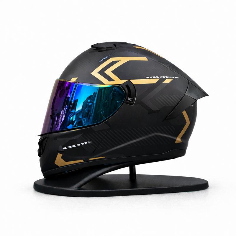REBELRUST Phantom Overdrive Motorcycle Full Face Helmet - Matte Black/Gold Graphic, Blue Purple Iridium Lens