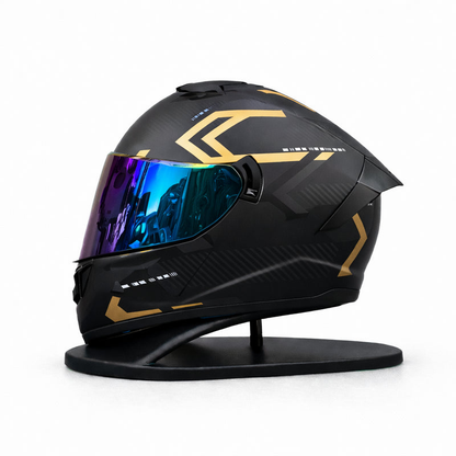 REBELRUST Phantom Overdrive Motorcycle Full Face Helmet - Matte Black/Gold Graphic, Blue Purple Iridium Lens