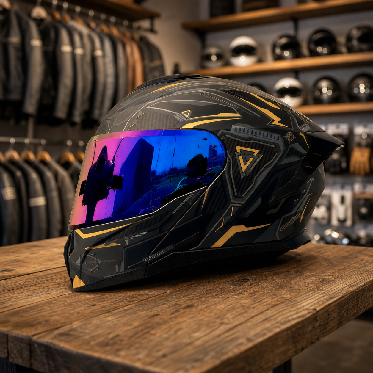 REBELRUST Shadow Pro Motorcycle Full Face Helmet - Dark Knight Black Gold, Blue Iridium Lens