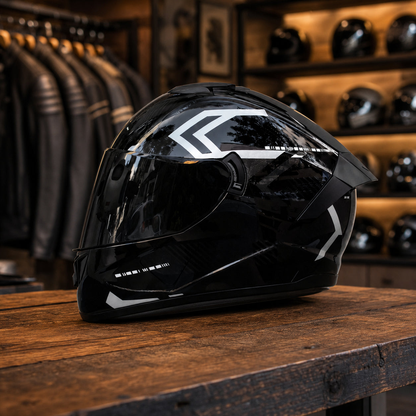 REBELRUST Phantom Overdrive Motorcycle Full Face Helmet - Glossy Black/White Graphic, Black Lens