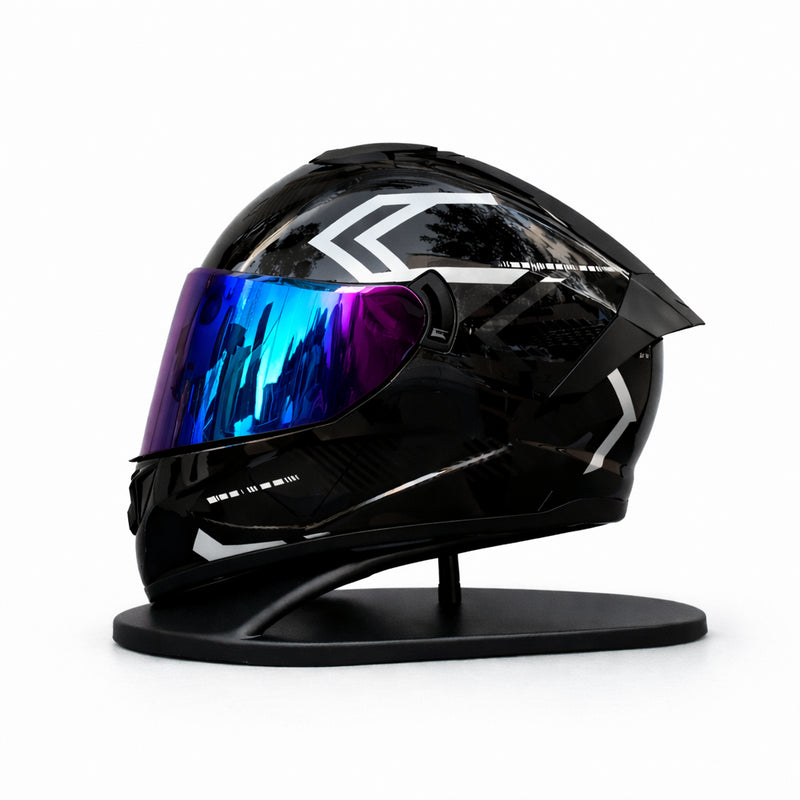 REBELRUST Phantom Overdrive Motorcycle Full Face Helmet - Glossy Black/White Graphic, Blue Purple Iridium Lens