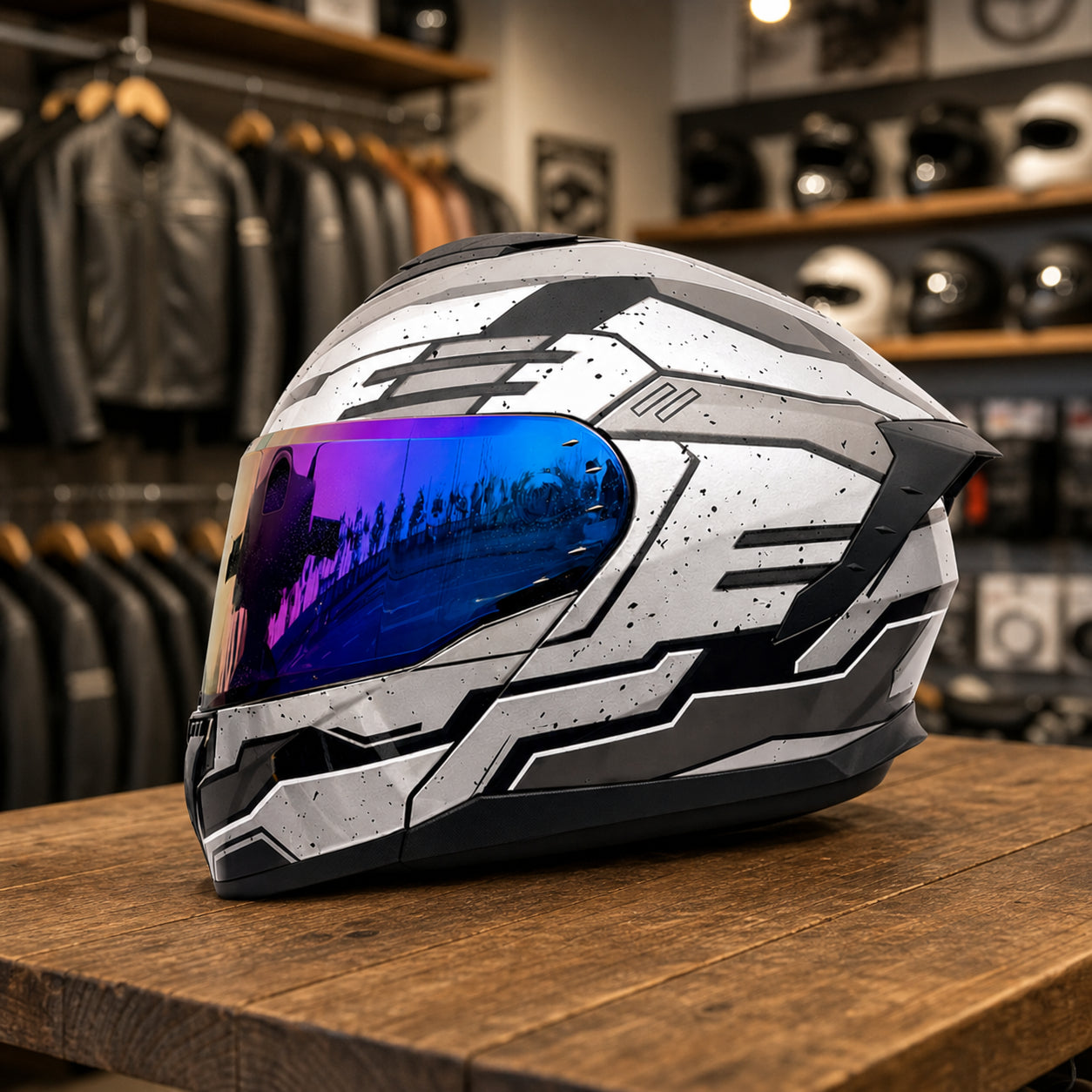 REBELRUST Shadow Pro Motorcycle Full Face Helmet - Future Grey/White, Blue Iridium Lens