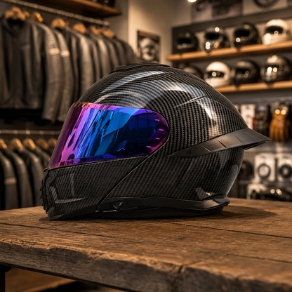 REBELRUST StrikeForce Full Face Motorcycle Helmet - Carbon Strike (Purple Lens)