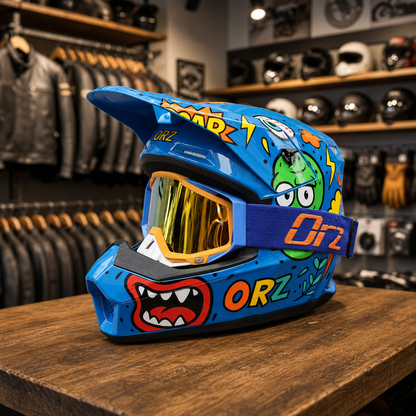REBELRUST Full Face Off-Road Motocross Helmet - Monster Blue, Gold Lens