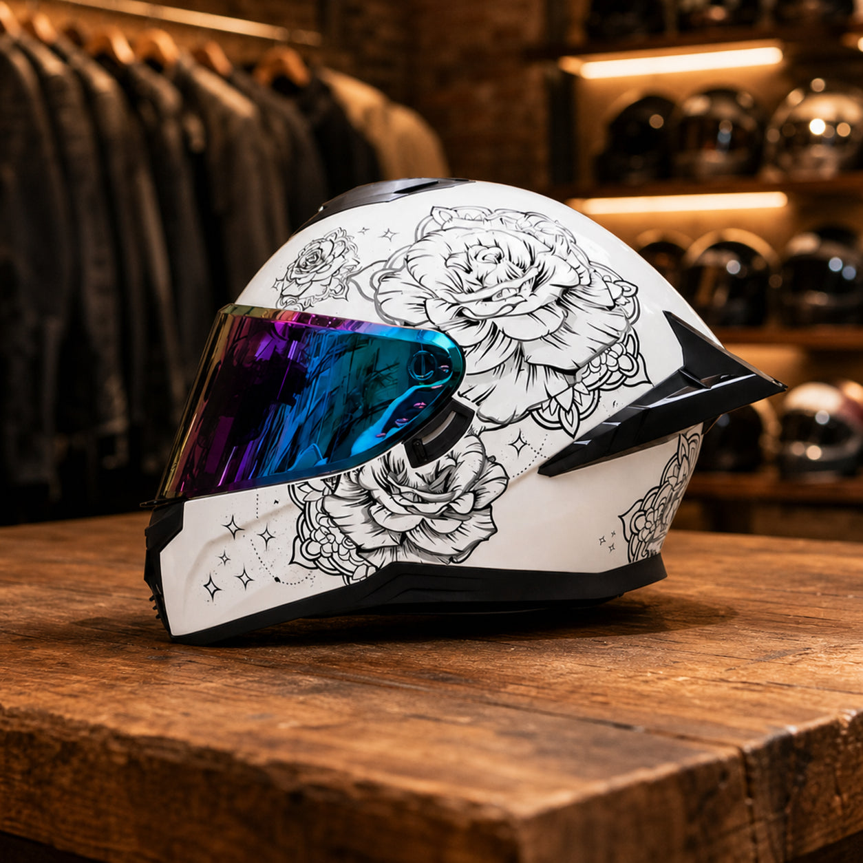REBELRUST Pro Big Tail Full Face Helmet - White Rose Iridescent Lens colorway