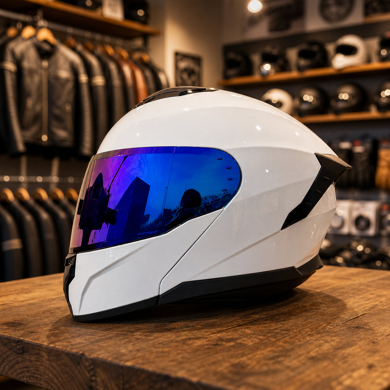 REBELRUST Shadow Pro Motorcycle Full Face Helmet - White, Blue Iridium Lens