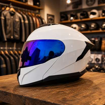 REBELRUST Shadow Pro Motorcycle Full Face Helmet - White, Blue Iridium Lens