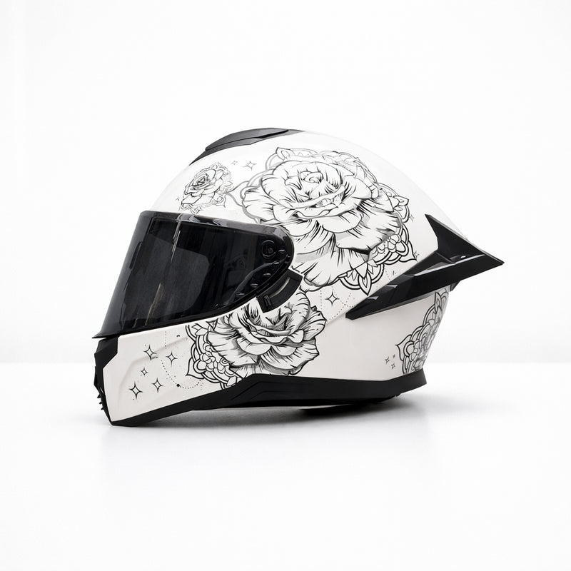 REBELRUST Pro Big Tail Full Face Helmet - White Rose Black Lens colorway