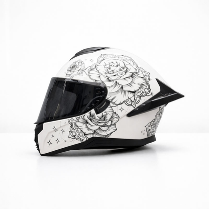 REBELRUST Pro Big Tail Full Face Helmet - White Rose Black Lens colorway