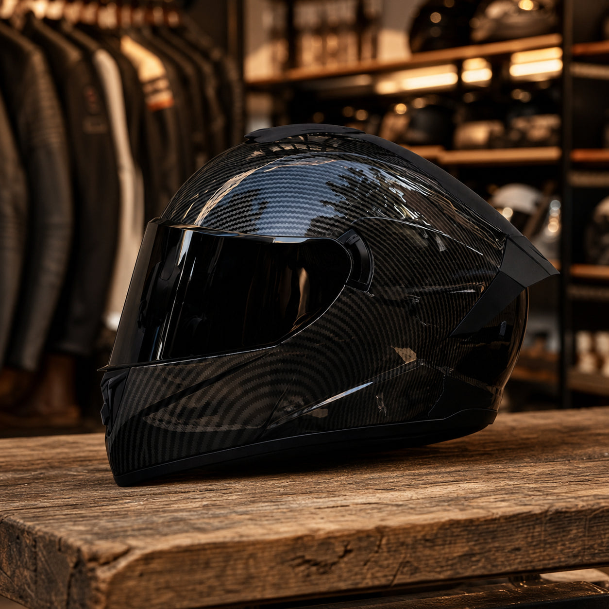 REBELRUST Phantom Overdrive Motorcycle Full Face Helmet - Glossy Black Carbon, Black Lens