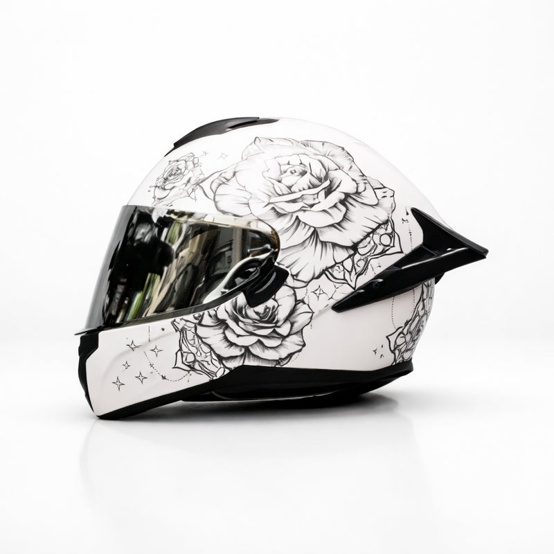 REBELRUST Pro Big Tail Full Face Helmet - White Rose Silver Lens colorway