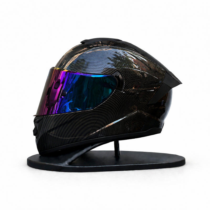 REBELRUST Phantom Overdrive Motorcycle Full Face Helmet - Glossy Black Carbon, Blue Purple Iridium Lens