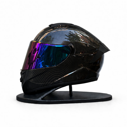 REBELRUST Phantom Overdrive Motorcycle Full Face Helmet - Glossy Black Carbon, Blue Purple Iridium Lens