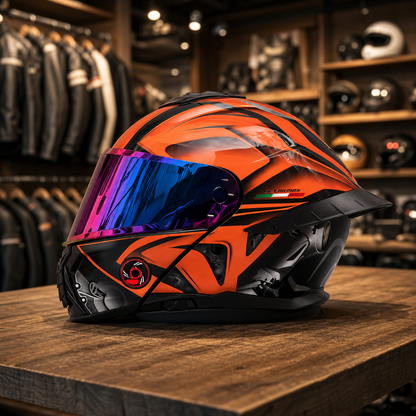 REBELRUST StrikeForce Full Face Motorcycle Helmet - Blaze Orange (Purple Lens)