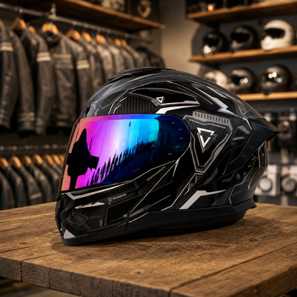 REBELRUST Shadow Pro Motorcycle Full Face Helmet - Dark Knight Black White, Blue Iridium Lens
