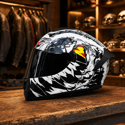REBELRUST Phantom Overdrive Motorcycle Full Face Helmet - White Wolf, Black Lens