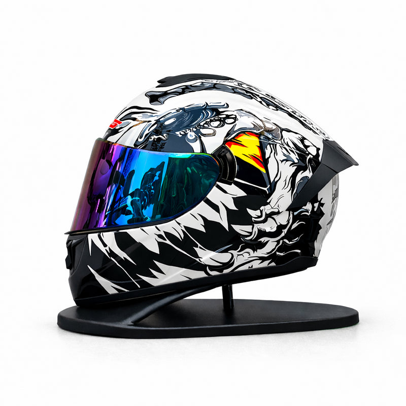 REBELRUST Phantom Overdrive Motorcycle Full Face Helmet - White Wolf, Blue Purple Iridium Lens
