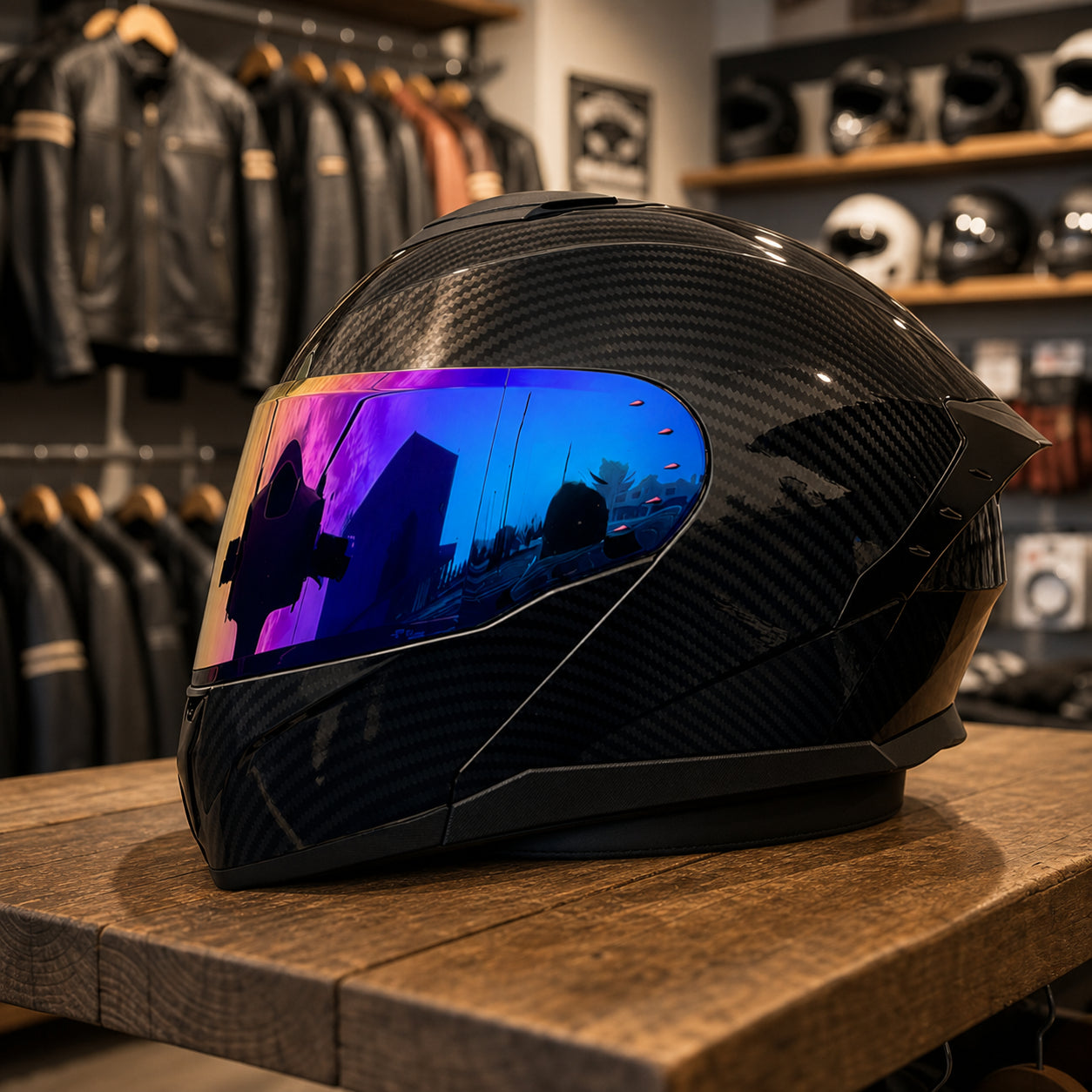 REBELRUST Shadow Pro Motorcycle Full Face Helmet - Carbon, Blue Iridium Lens