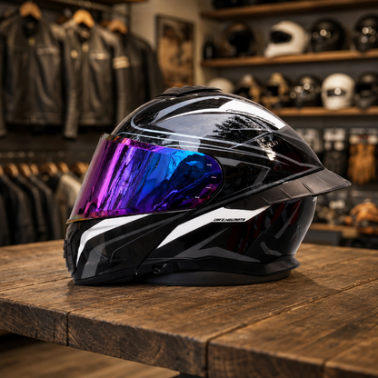 REBELRUST StrikeForce Full Face Motorcycle Helmet - Phantom Black (Purple Lens)