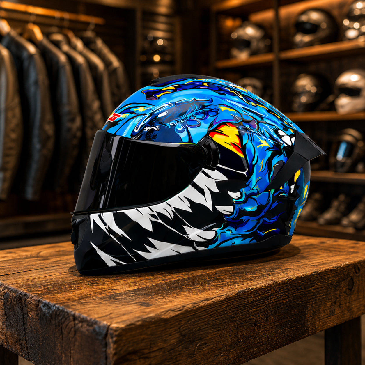 REBELRUST Phantom Overdrive Motorcycle Full Face Helmet - Blue Wolf, Black Lens