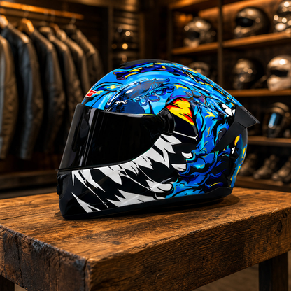 REBELRUST Phantom Overdrive Motorcycle Full Face Helmet - Blue Wolf, Black Lens