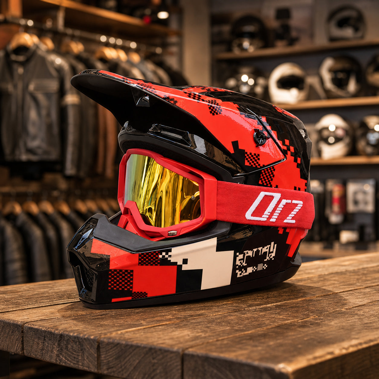 REBELRUST Full Face Off-Road Motocross Helmet - Black Red Orange Pixel, Gold Lens