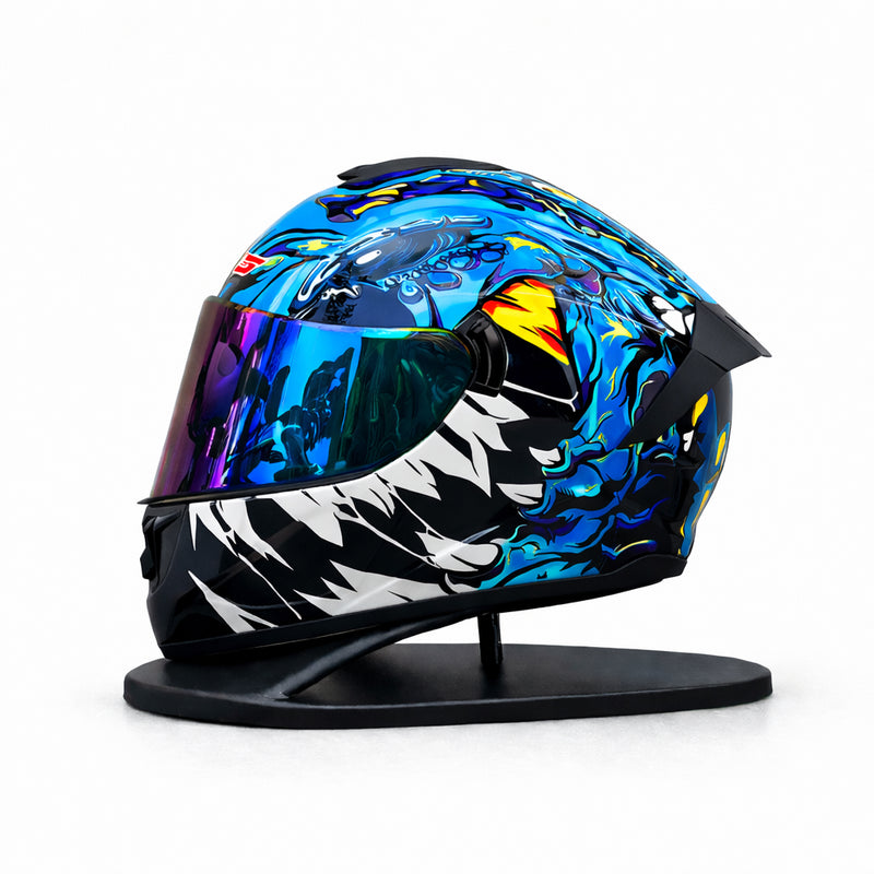 REBELRUST Phantom Overdrive Motorcycle Full Face Helmet - Blue Wolf, Blue Purple Iridium Lens