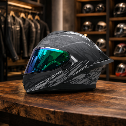 REBELRUST Pro Big Tail Full Face Helmet - Grey Slash Iridescent Lens colorway