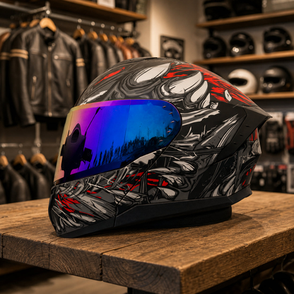 REBELRUST Shadow Pro Motorcycle Full Face Helmet - Shadow Slayer, Blue Iridium Lens